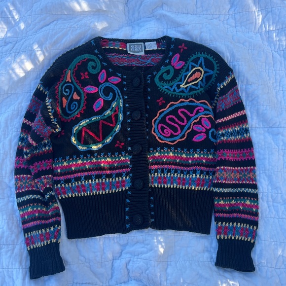 Vintage 90s Sigrid Olsen Embroidered Sweater Button Front Cardigan Size M - Picture 1 of 5